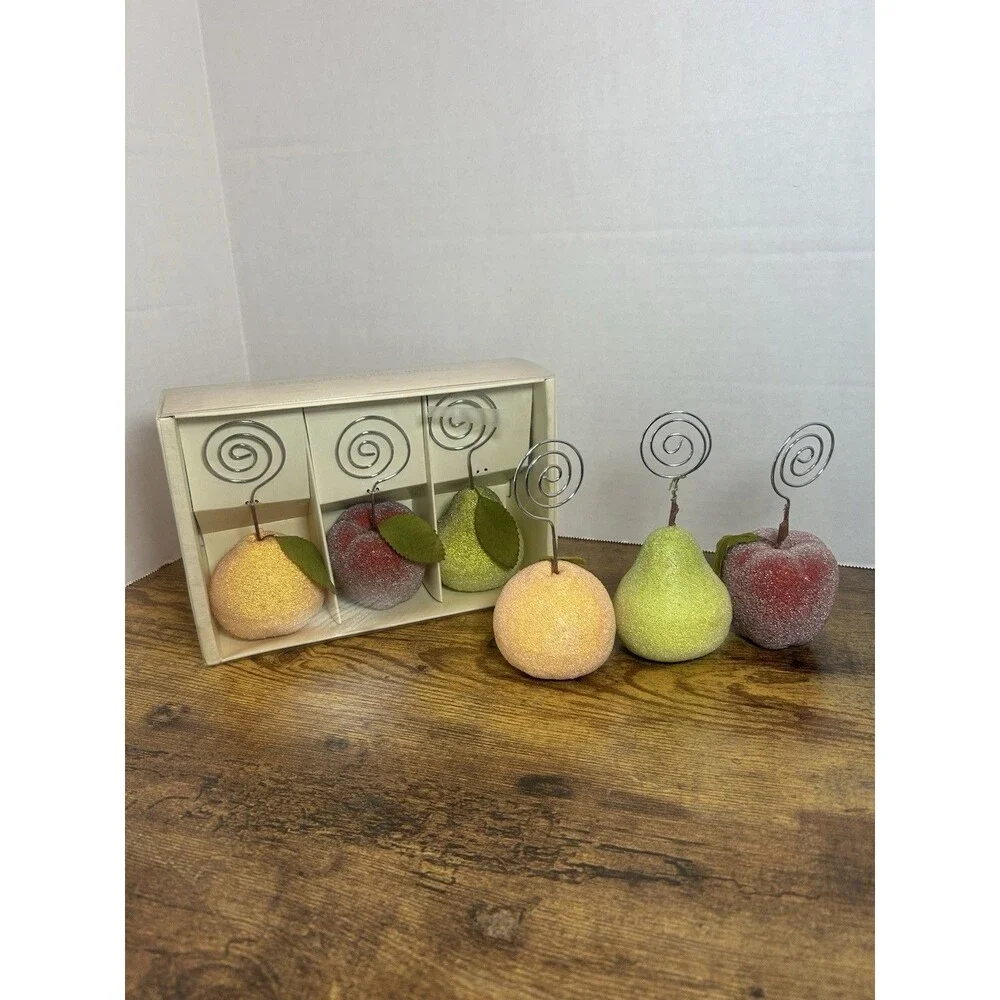 Pier 1 Sugared Fruit Photo Dining Place Card Holders Apple Pear Peach Set of 6
